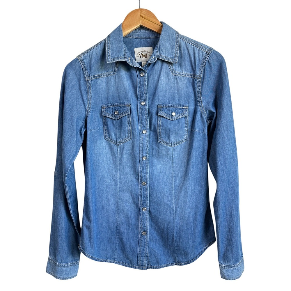 Western‎ Denim Shirt Light Wash Pearl Snap Button Down Cowgirl Y2K Small YMI